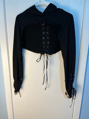 Goth Black Cropped Lace Up Hoodie XS-Small Punk Grunge Whimsigoth Skater Witchy